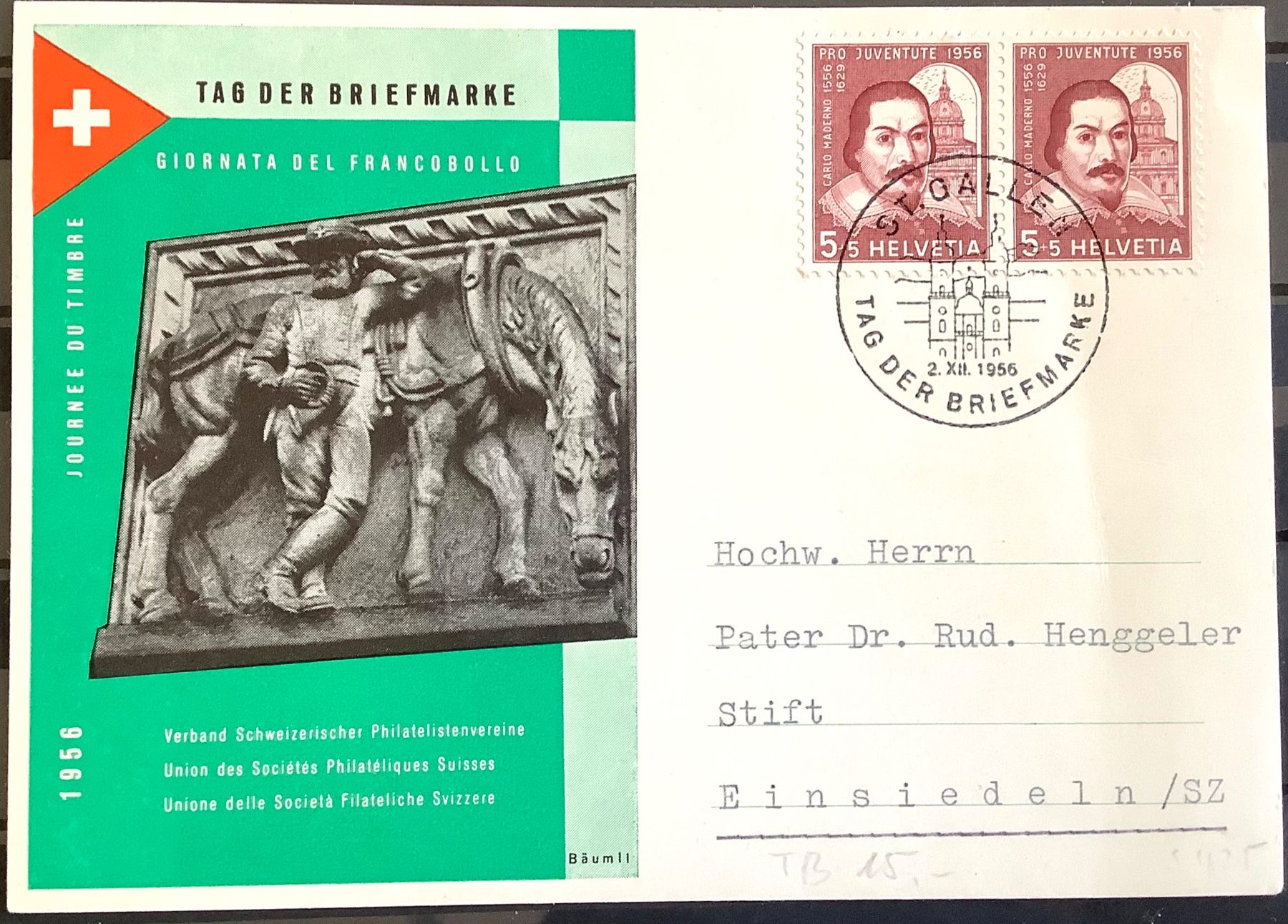 Tutti i francobolli: 1956 / Postkarte Tag der Briefmarke  St. Gallen - Einsielden – Usato da Liestal venduto da Skunk02
