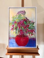 Original oil pastel painting plant in red pot framed white