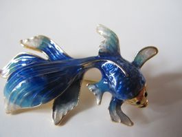 Schmuck Brosche Goldfisch blau Emaille