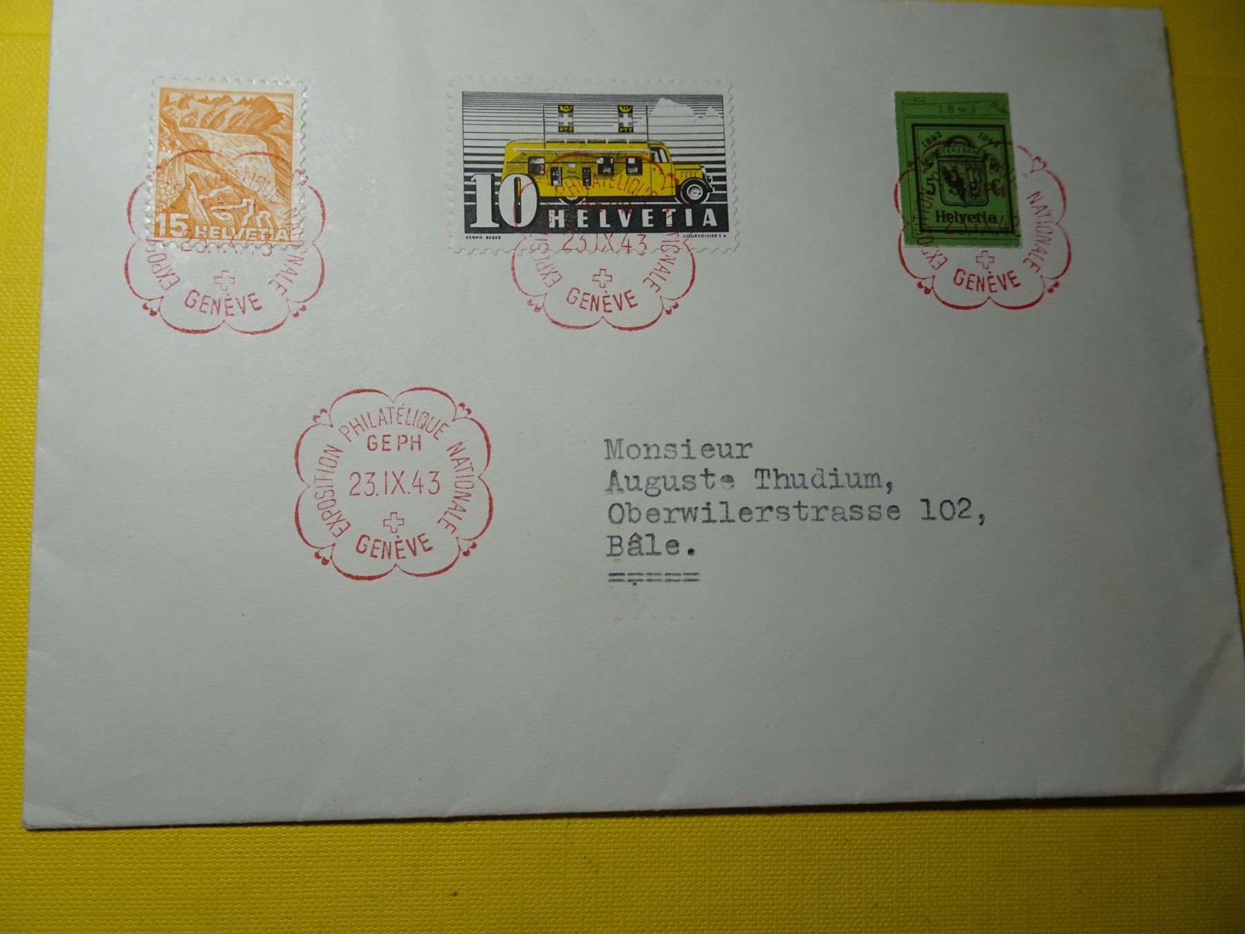 Tutti i francobolli: 23.iX.43. SCHMUCKBRIEF MIT EINZELMARKE AUS GENFER BLOCK – Usato da Eschenbach SG venduto da eDaisy
