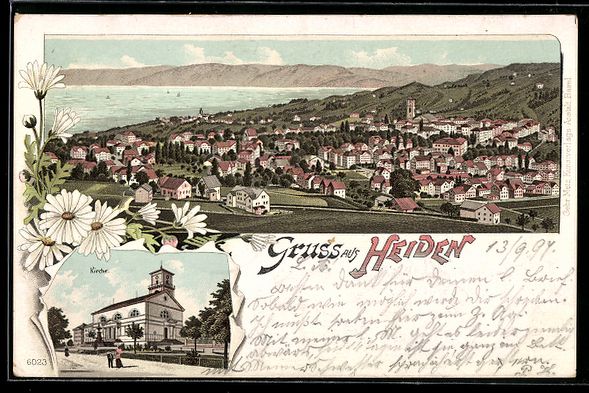 Cartoline postali: Lithographie Heiden, Kirche und Panorama – Usato da Berlin venduto da bartko-reher