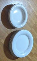 5 dinner plates, 3 oup plates, white, gold rim