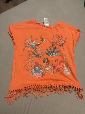 Orange Sommer T-Shirt mit Fransen, Grösse 134