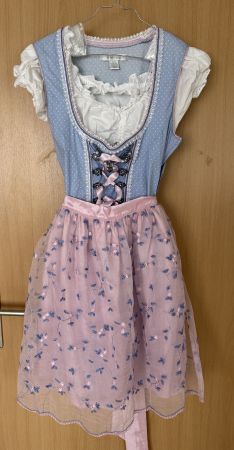 Dirndl Kleid blau weiss gepunktet mit Schürze Gr. 38