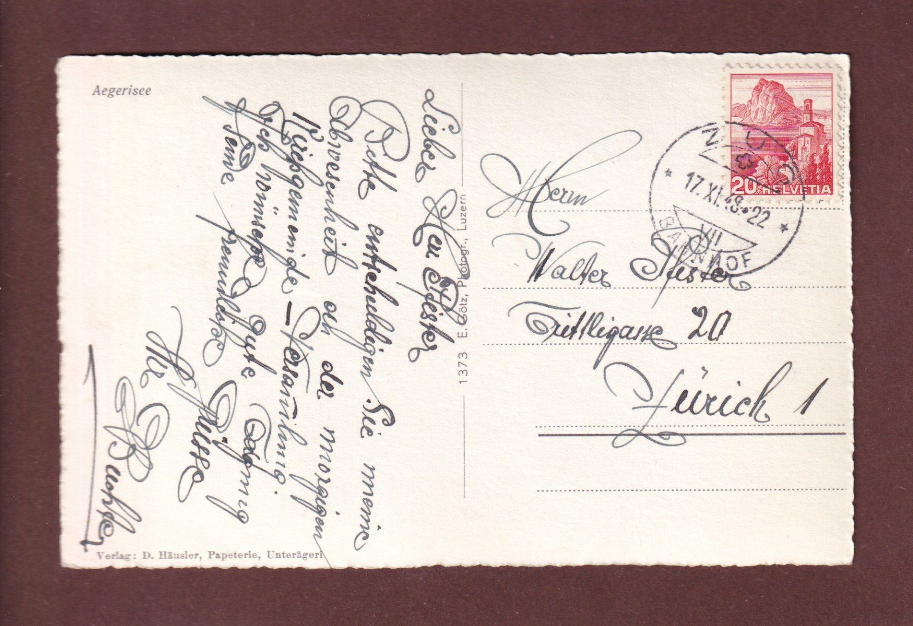 Ansichtskarten: AEGERISEE - 1948 – Gebraucht aus Pully von nicecards-shop 1
