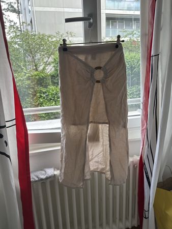Jupe longue d'été en lin beige, taille élastique, T 38.