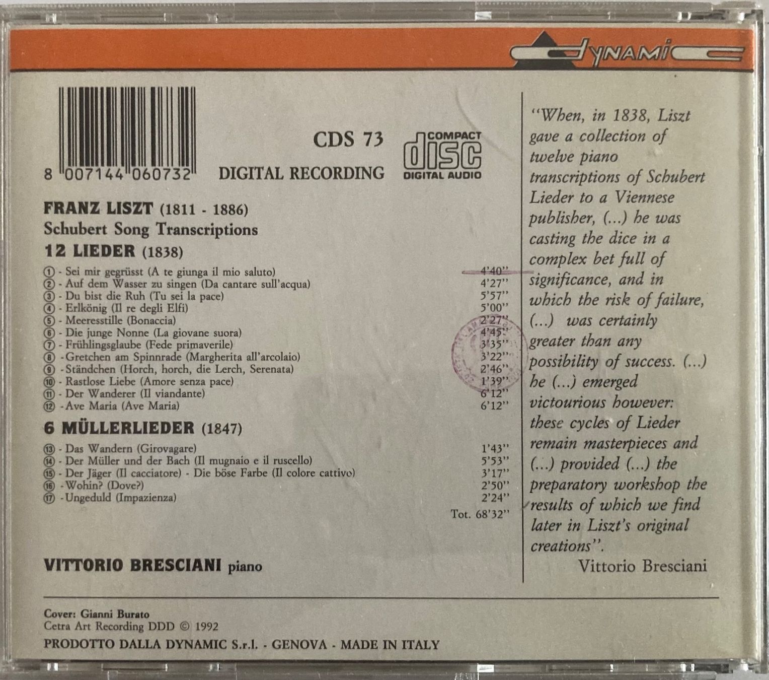 CDs: FRANZ LISZT / VITTORIO BRESCIANI - SCHUBERT SONG TRANSCRIPTI – D'occasion à Poliez-Pittet par Newtown-Records 1