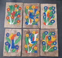 Bunte Naive Malerei Set v. 6 Vogelbildern, 15x10cm Vintage