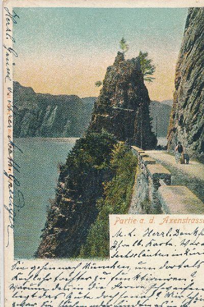 Cartoline postali: Axenstrasse -Partie an der .. Litho 1903 – Usato da Emmenbrücke venduto da teestube