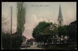 Lithographie Muri b. Bern, Kirche und Straßenpartie mit Pers