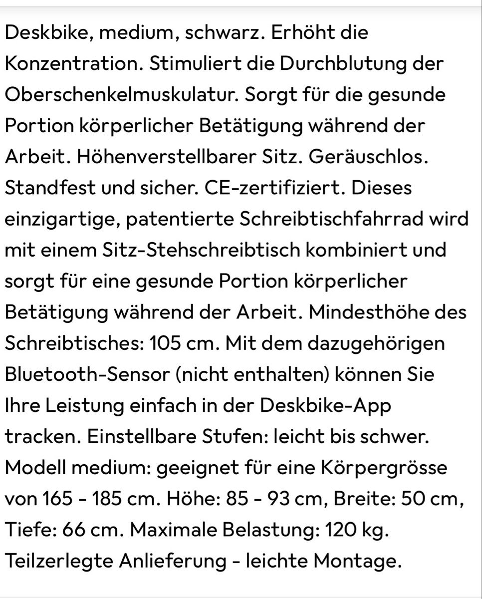 Vélos d'appartement: Deskbike Neu Schwarz – Neuf (Voir description) à Hünenberg See par Priobi 3