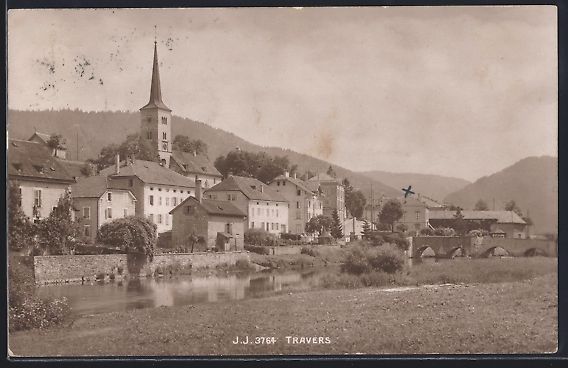 Cartoline postali: AK Travers, Ortsansicht mit Kirche, 1915 – Usato da Berlin venduto da bartko-reher