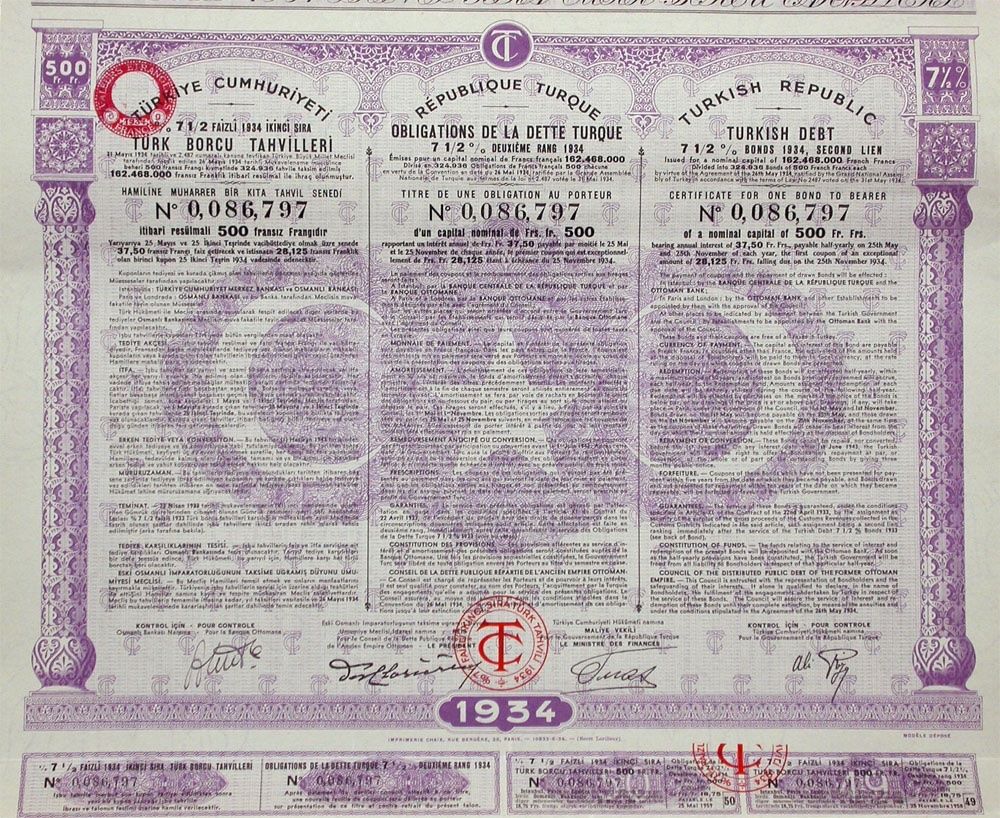 Documenti: 7,5% République Turque - 1934 – Usato da Solothurn venduto da Sgasche