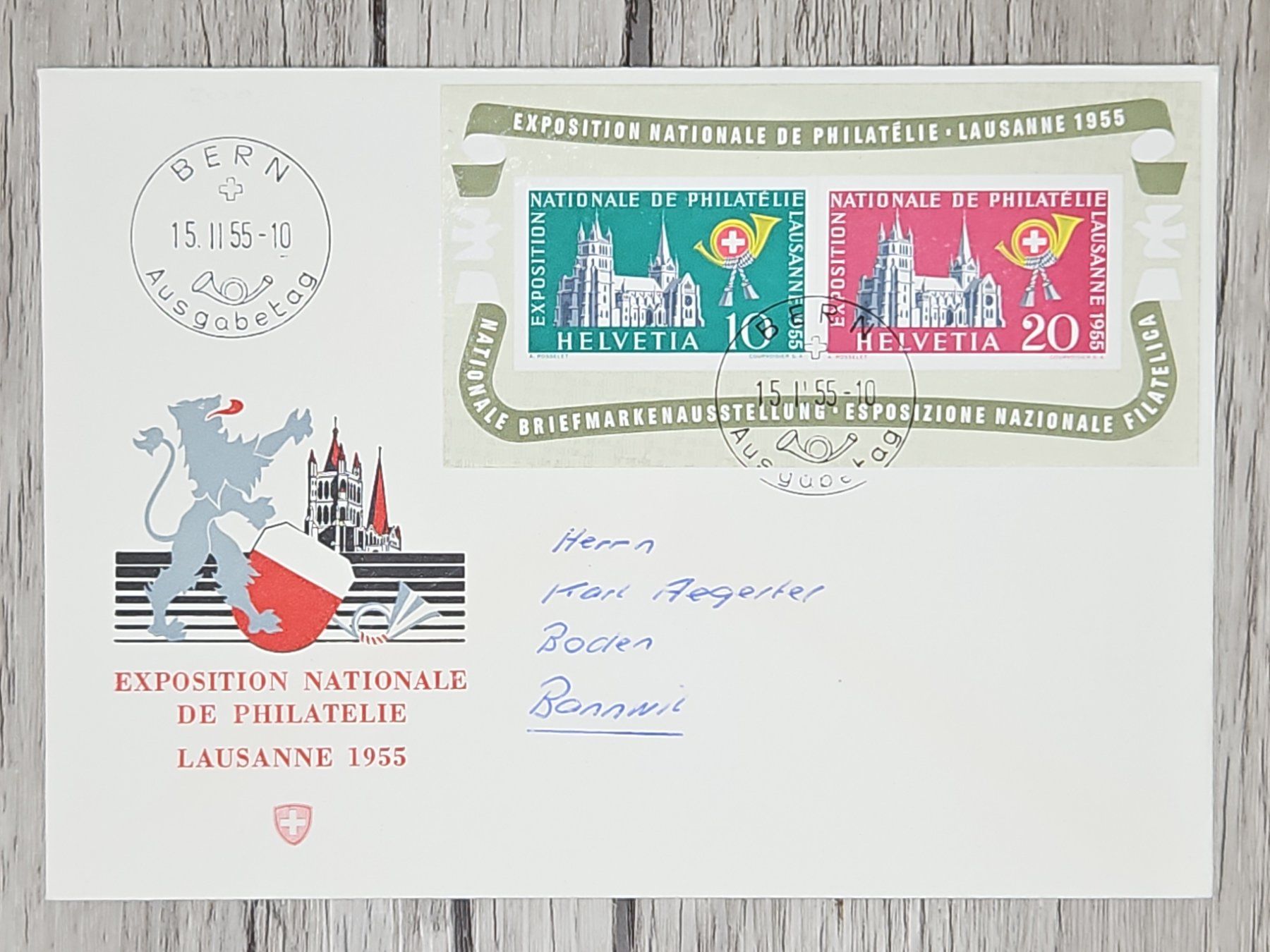Tutti i francobolli: CL07 Enveloppe + Timbre Suisse 1955 – Usato da Cousset venduto da Patrick_Collections