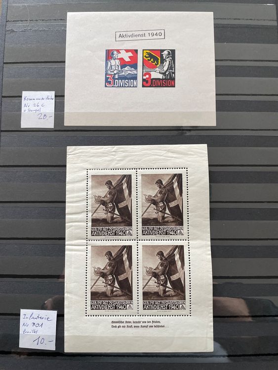 Tutti i francobolli: Timbres militaires: 13 blocs / feuillets cote environ 500.- – Usato da Bôle venduto da Frouz 1