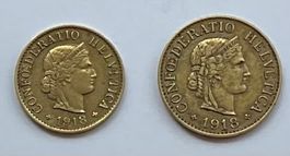 5 Rappen und 10 Rappen Messing-Münzen beide von 1918