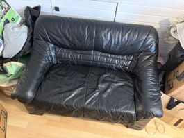 Ledersofa-Gruppe 2er+3er zusammen/ schwarz