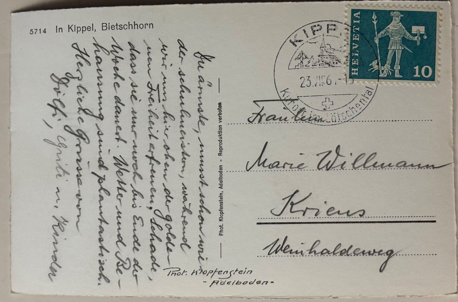 Cartoline postali: Klopfenstein, Kippel, Ortswerbestempel,  Bietschhorn – Usato da Frauenfeld venduto da Merk52 1