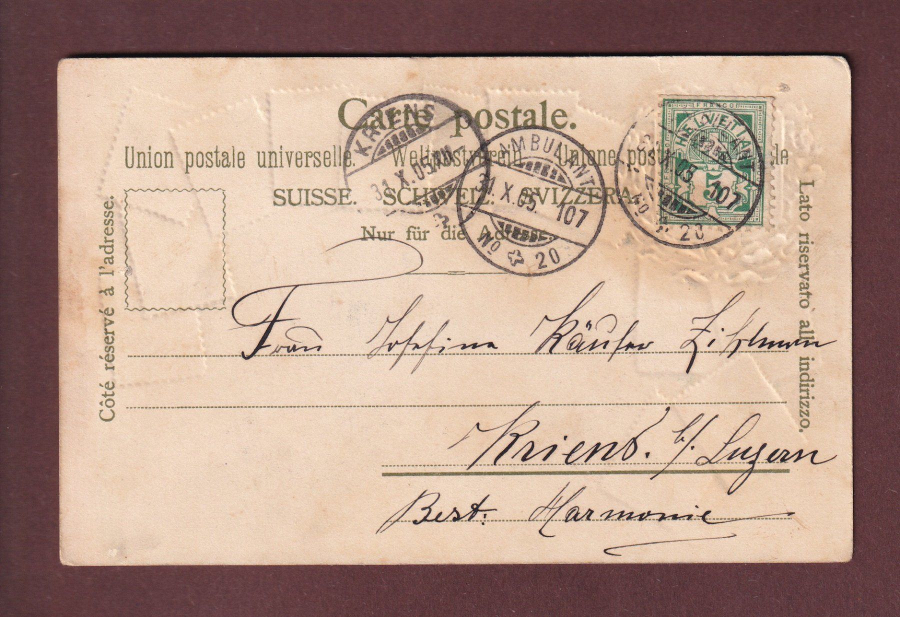 Cartoline postali: LUZERN - Briefmarken - 1905 Präge – Usato da Pully venduto da nicecards 1