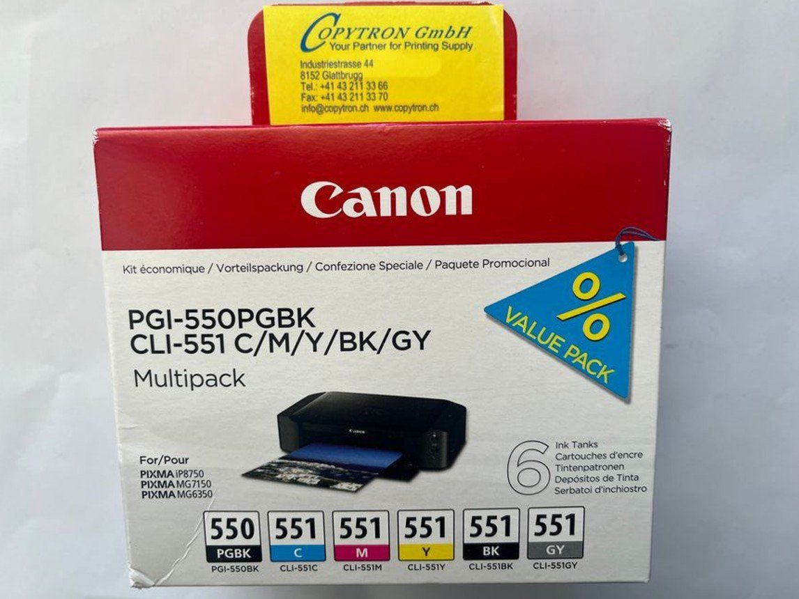 Canon Cartucce per stampanti & toner: PGI-550PGBK+CLI-551BK+CLI-551C+CLI-551M+CLI-551Y+CLI-551GY – Nuovo e nell'imballaggio originale da Glattbrugg venduto da copytron