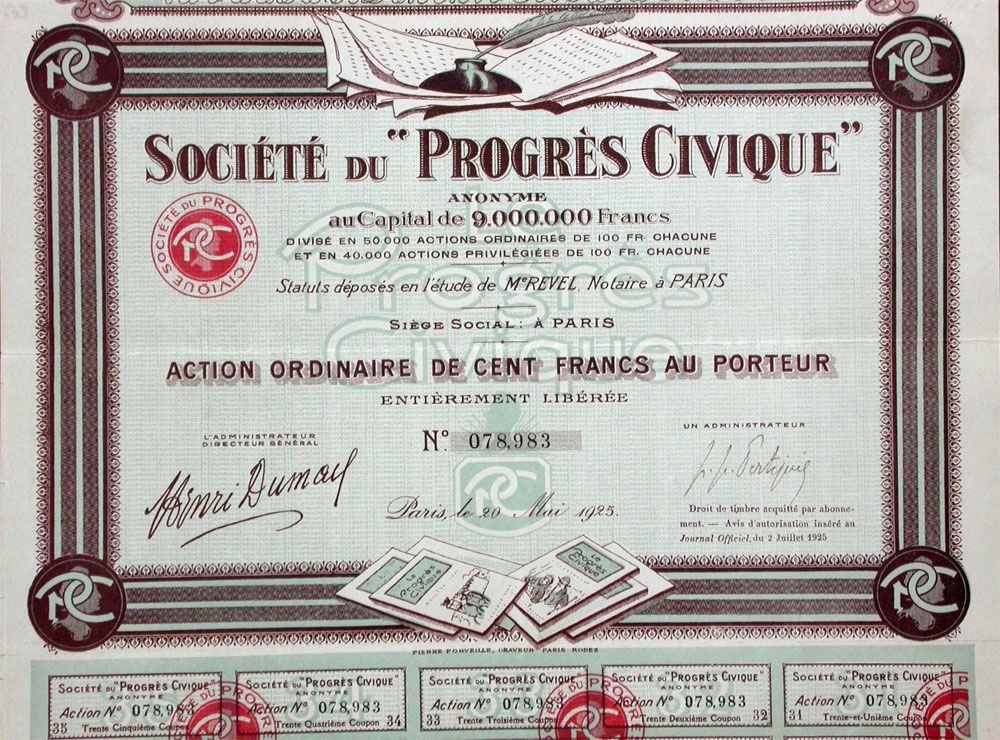 Documenti: Société du Progrès Civique SA, Paris - 1925 – Usato da Solothurn venduto da Sgasche