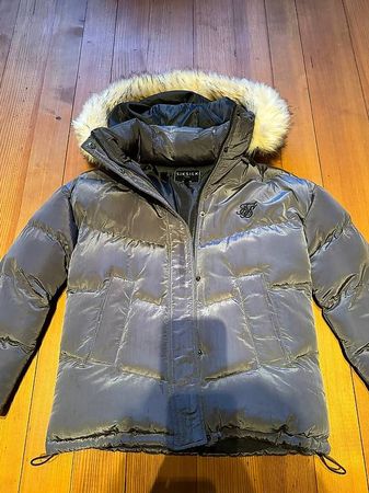 Winterjacke, Grau, Pelzkapuze, Grösse M