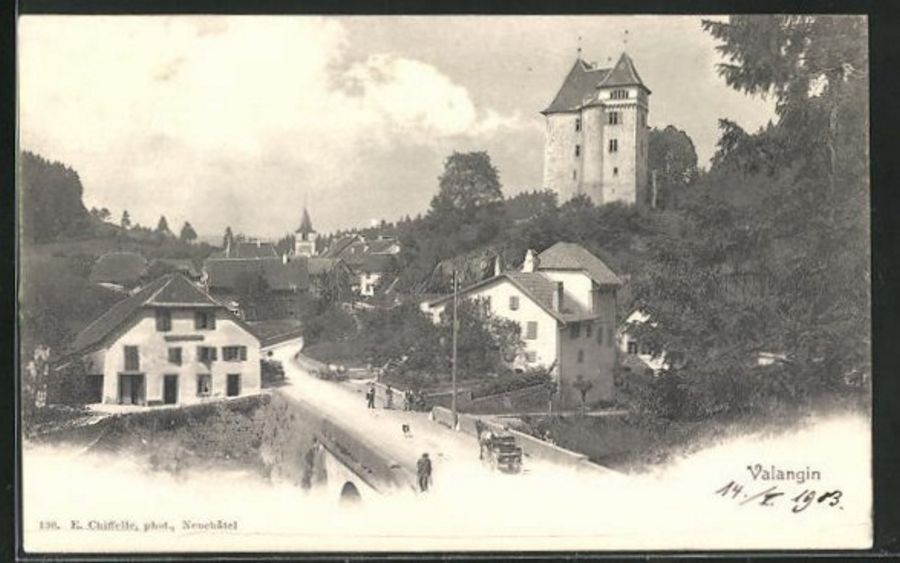 Cartoline postali: Valangin, datée 1903, pont, animée – Usato da Frauenfeld venduto da POML