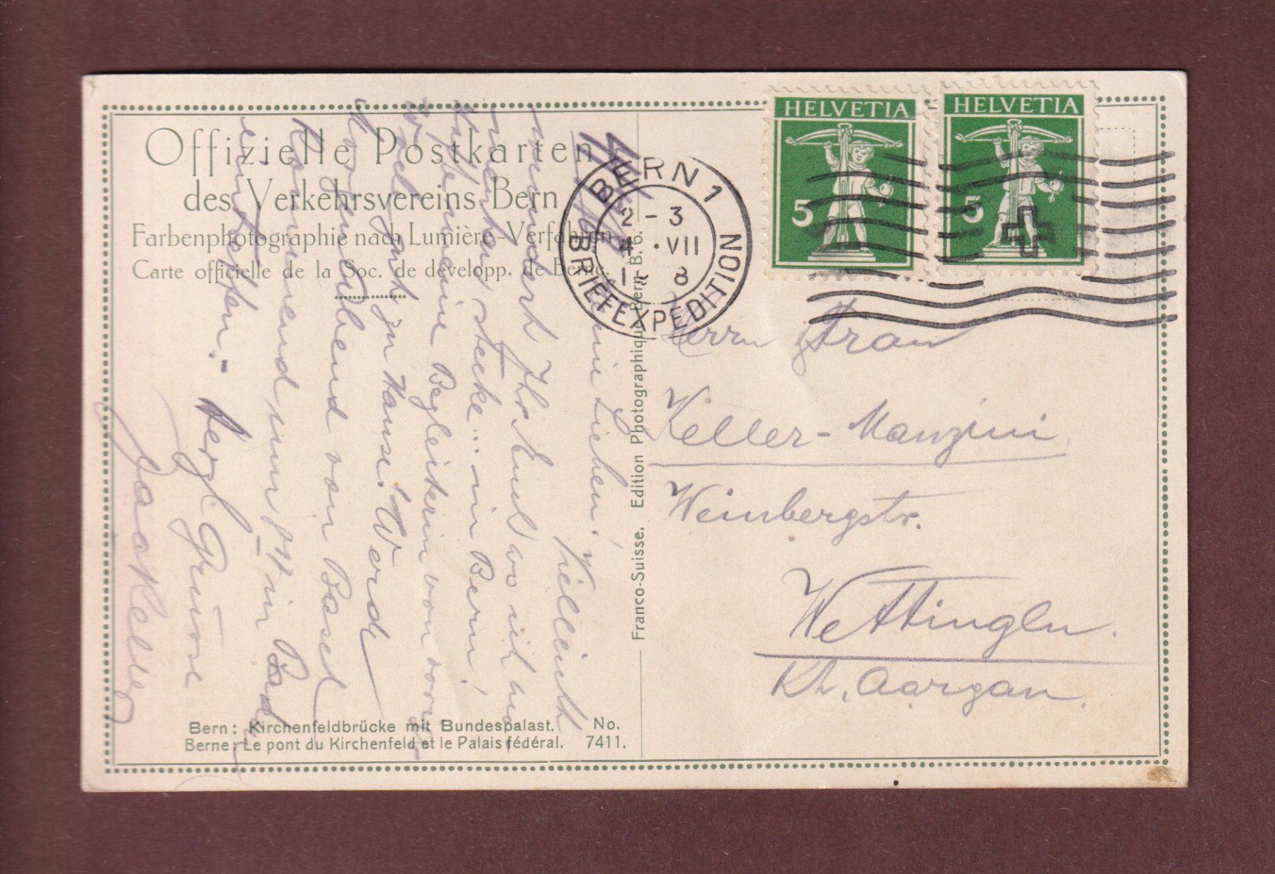 Cartoline postali: BERN - Kirchefeldbrücke - Bundespalast - 1918 – Usato da Pully venduto da nicecards-shop 1