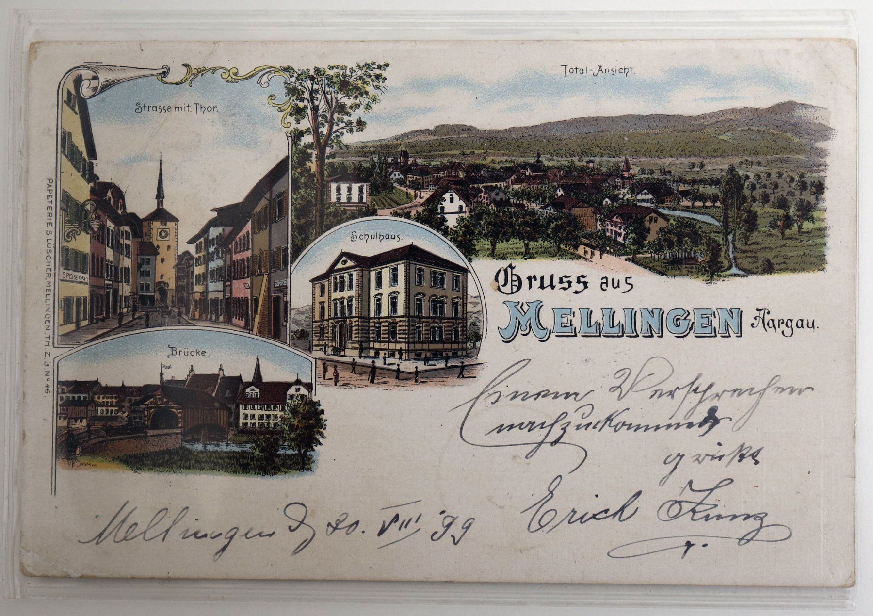 Cartoline postali: Ansichtskarte Mellingen AG, Ansicht von 1899, 4 Bilder – Usato da Lausen venduto da mexico81