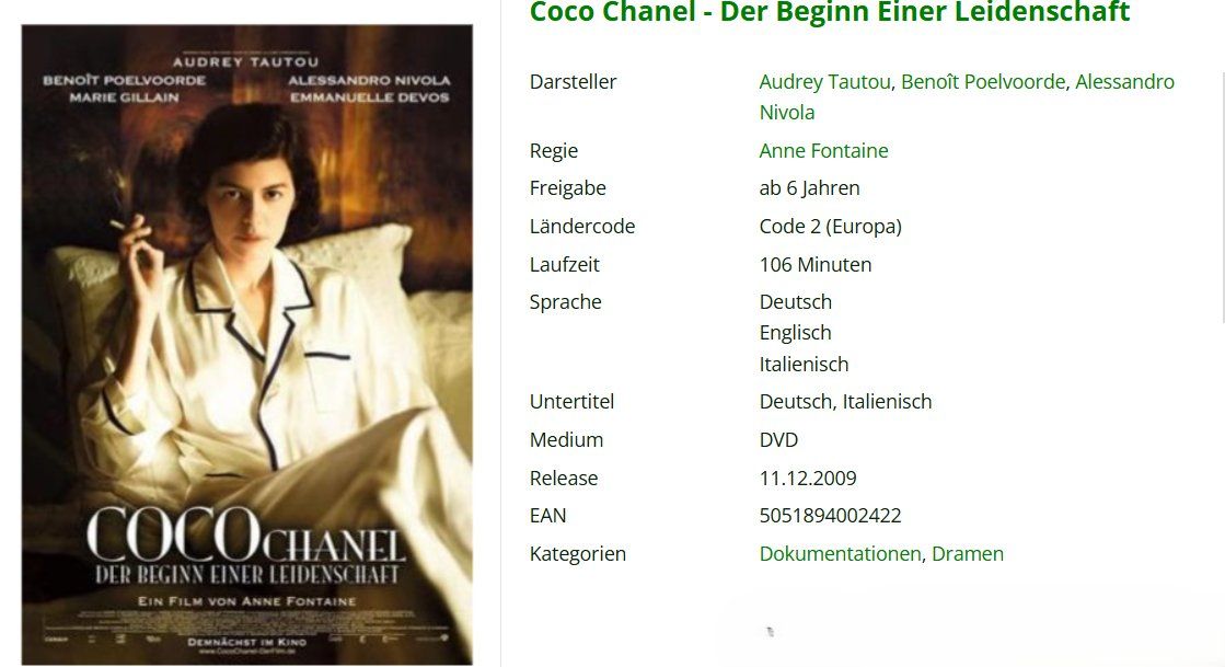 Tutti i DVDs: Coco Chanel - Der Beginn Einer Leidenschaft – Usato da Urdorf venduto da Muluk 1