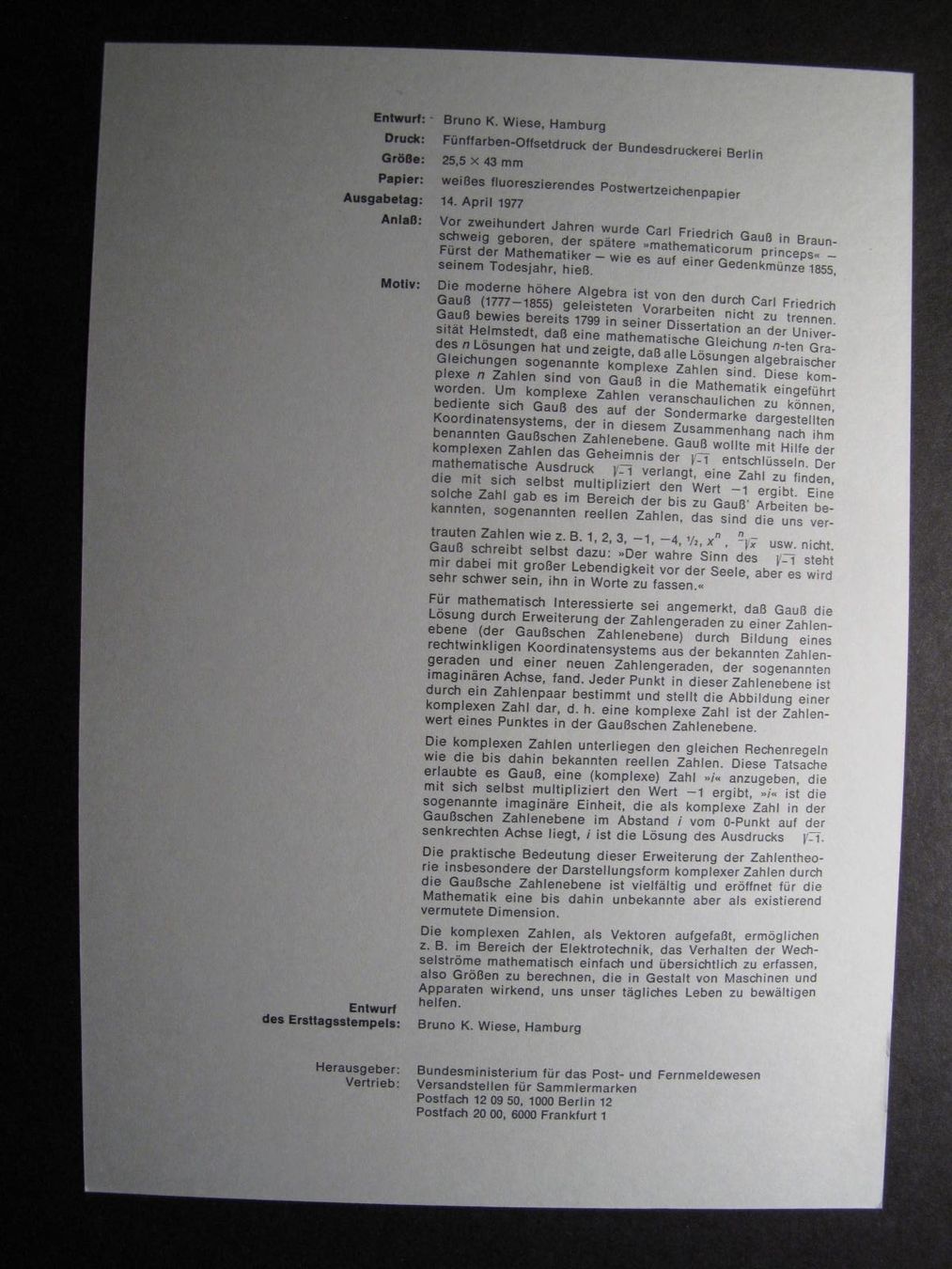 Tous les timbres: BRD 1977 /09 Carl Friedrich Gaus ETB – D'occasion à Wil SG par fva01 1