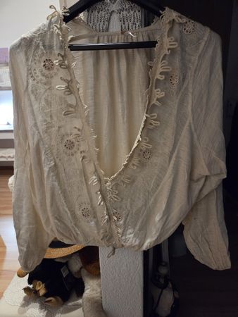 Free People Bluse, Gr. S, oversize beige, Baumwolle bestickt