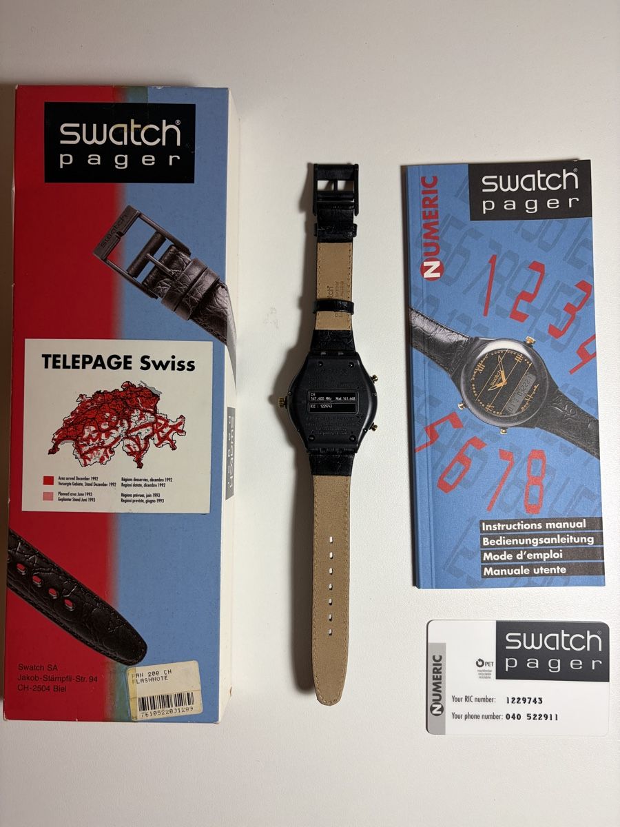 Swatch Orologi: SWATCH PAGER Numeric - Neuf en boîte avec documents PTT – Nuovo e nell'imballaggio originale da Coppet venduto da ACBL 1