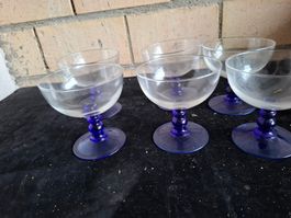 6 Dessert-Gläser mit blauem Fuss, Vintage