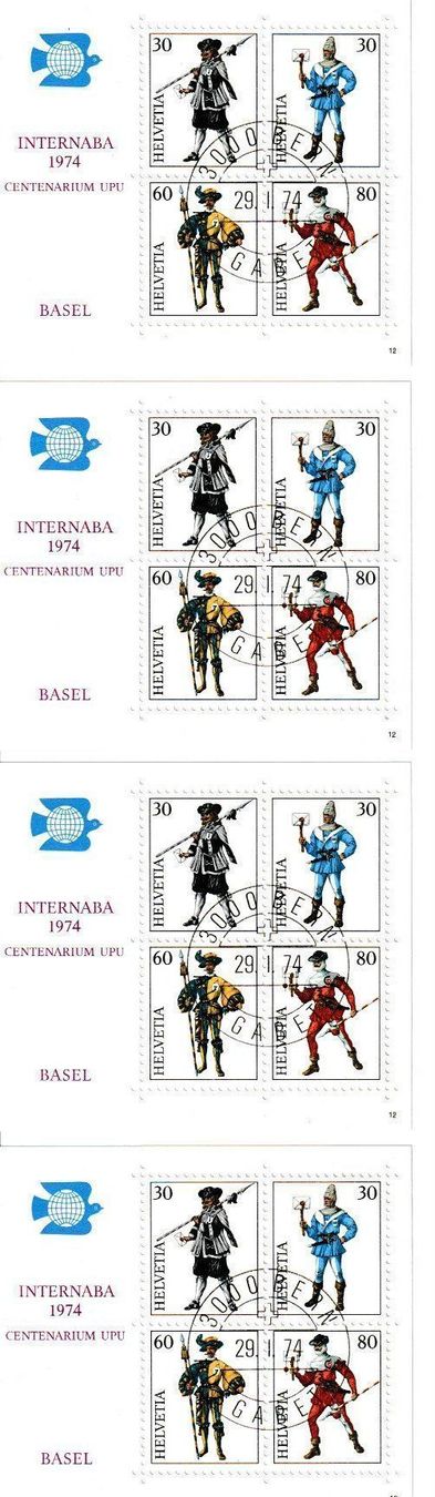 Alle Briefmarken: 4 INTERNABA Blöcke 1974 - mit Ersttagsstempel - BERN 29.3.74 – Gebraucht aus Zug von Aeschroot