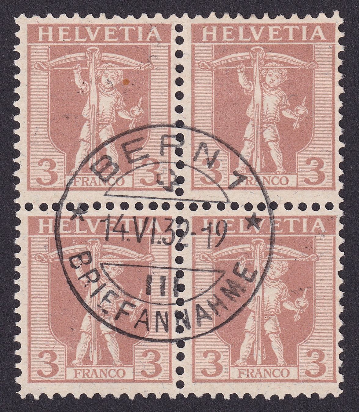 Alle Briefmarken: Nr. 102 Viererblock gestempelt BERN, Kat: 150.- – Gebraucht aus Ebikon von SilvioFreund