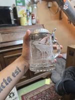 Bierkrug Glas Zinn Deckel Hirsch Motiv 0,4l (D1)