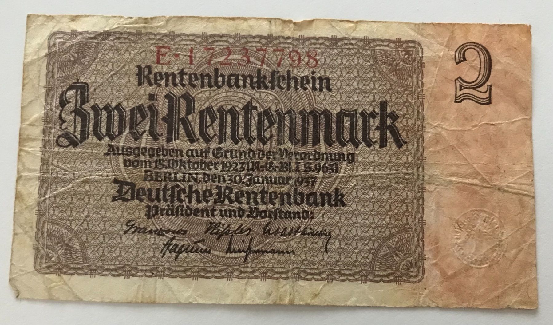 Banconote: Deutschland 2 Rentenmark 1937 – Usato da Algetshausen venduto da Carrhard