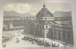 alte Postkarte Luzern, Bahnhof mit Pferde Kutschen
