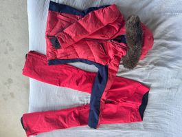 Ensemble de ski rose/bleu marine, veste à capuche fourrée!