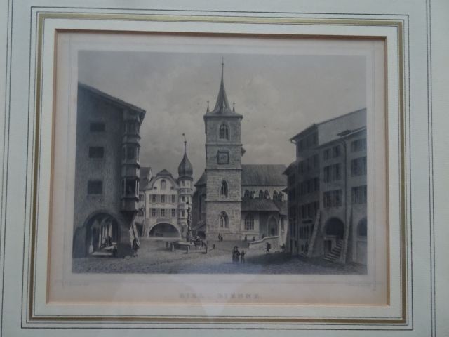 Incisioni: Stahlstich BIEL-BIENNE 34x30cm. Eckvergoldeter Rahmen – Usato da Berikon venduto da Kolophonium43 1
