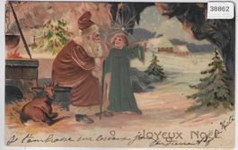 Joyeux Noel - Santa Claus mit Engel - Präge-Litho