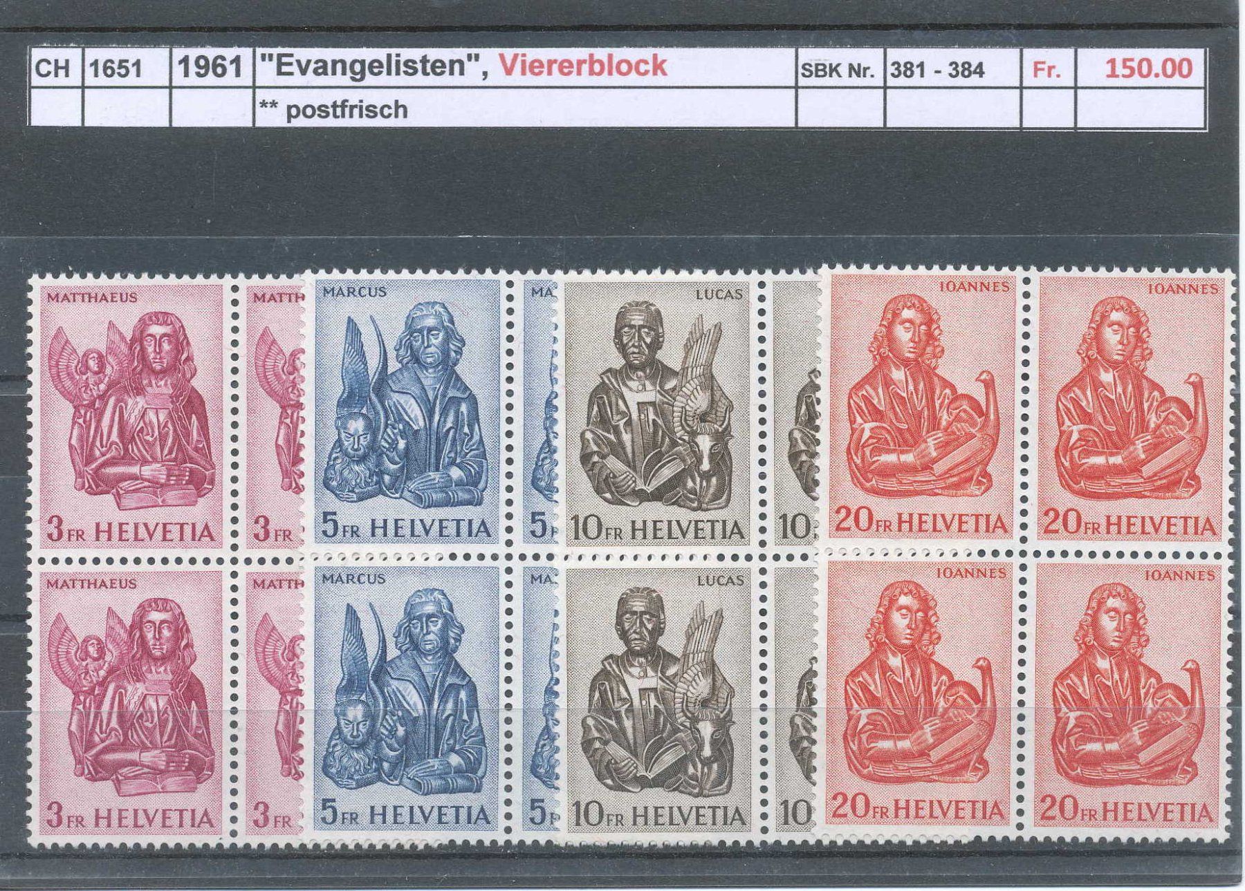Alle Briefmarken: 1961 Evangelisten - Viererblock, ** postfrisch – Neu (gemäss Beschreibung) aus Winterthur von Zupogeru