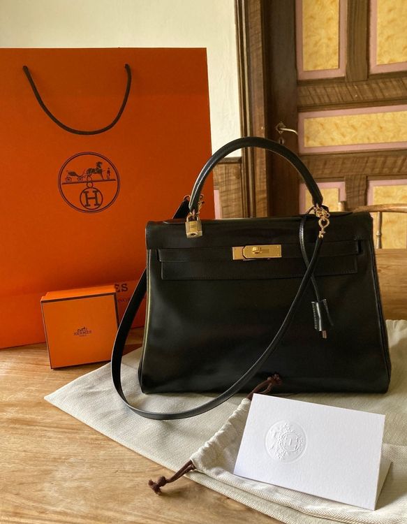 Hermes Kelly 32 Vintage Box Leder Schwarz Hardware Gold Tasche Bag