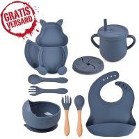 EICHHÖRNCHEN Silikon Babygeschirr Set mit Saugnapf (Blau)
