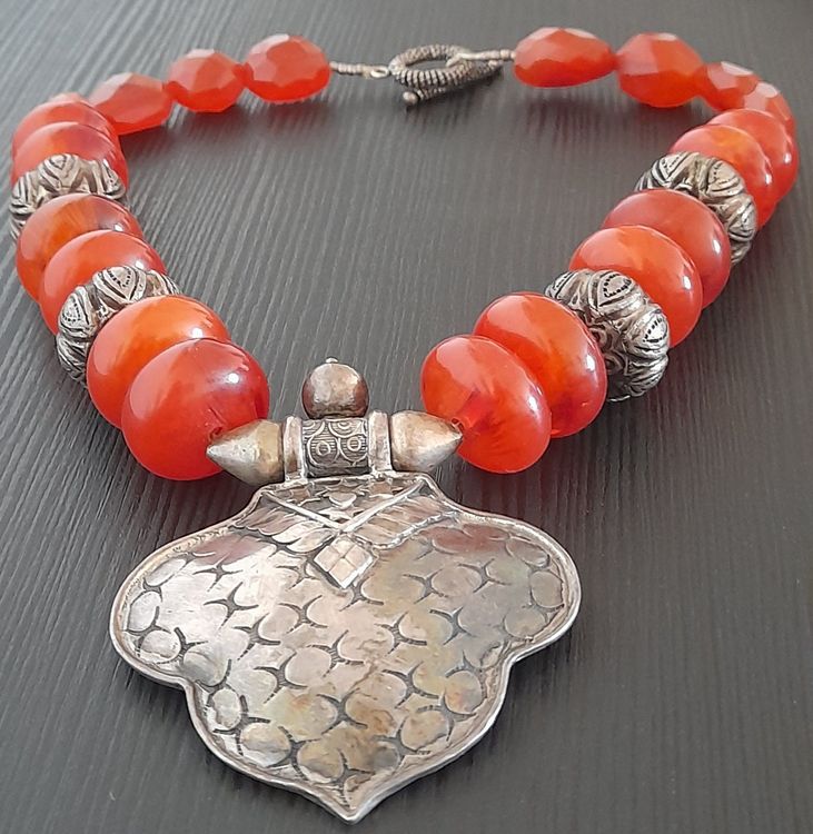 Collier Ancien En Ambre Véritable Et Argent 925 - Bijou Vintage, Occasion