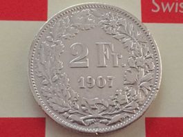 2 Franken 1907 ss, selten nur 0,3 Mio!