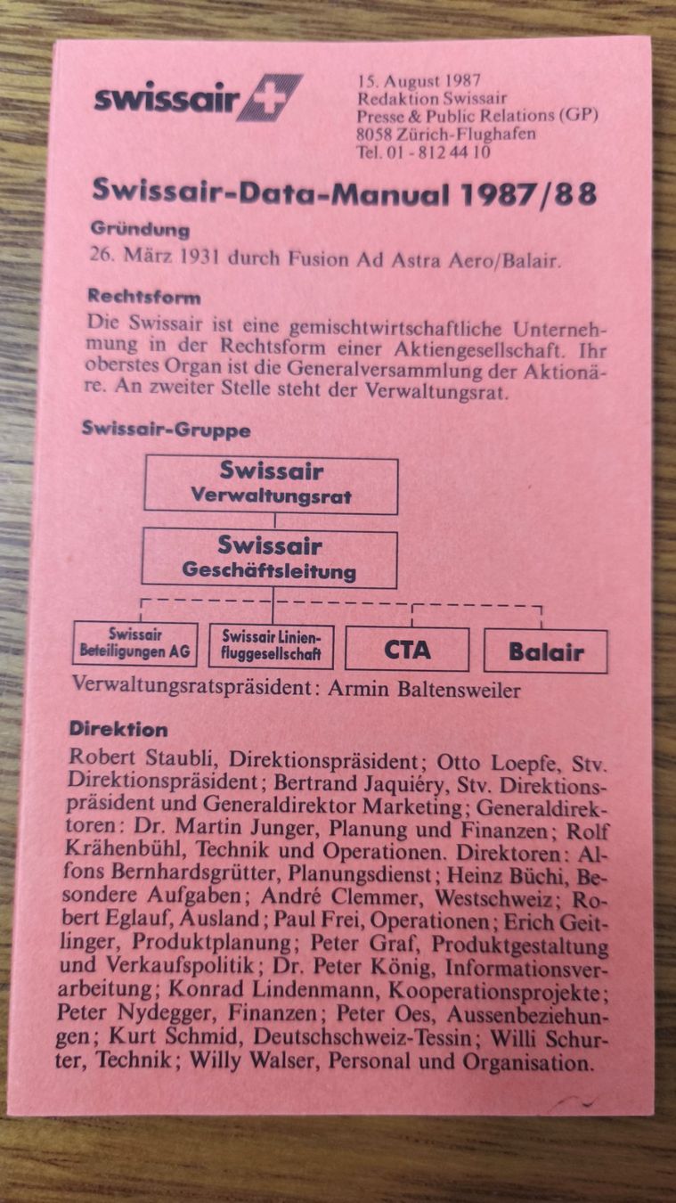 Swissair Documenti: Swissair Data-Manual 1987/88 – Usato da Aesch BL venduto da Opirol