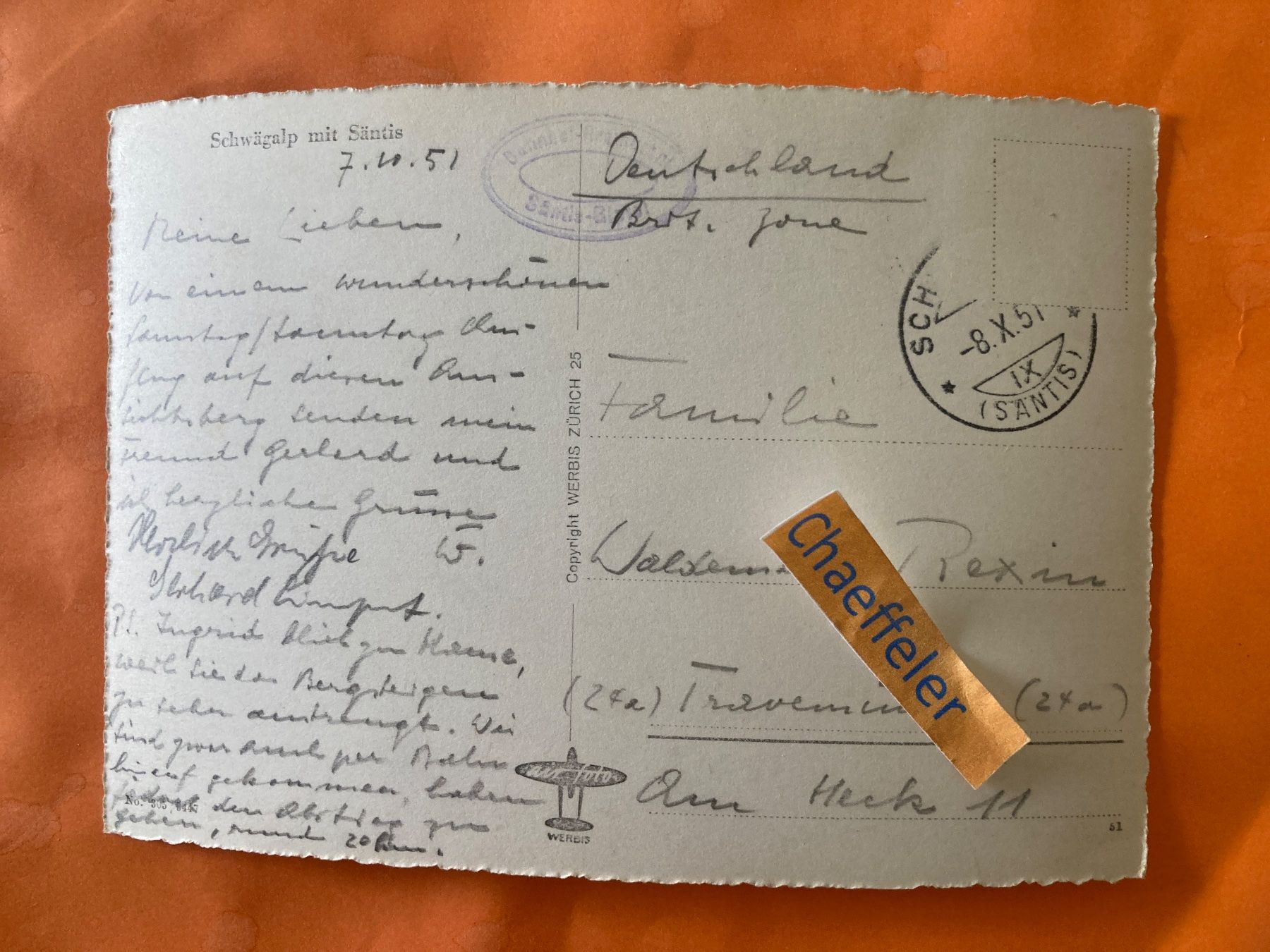 Cartoline postali: 1951 Schwägalp mit Säntis – Usato da Zürich venduto da Chaeffeler 1