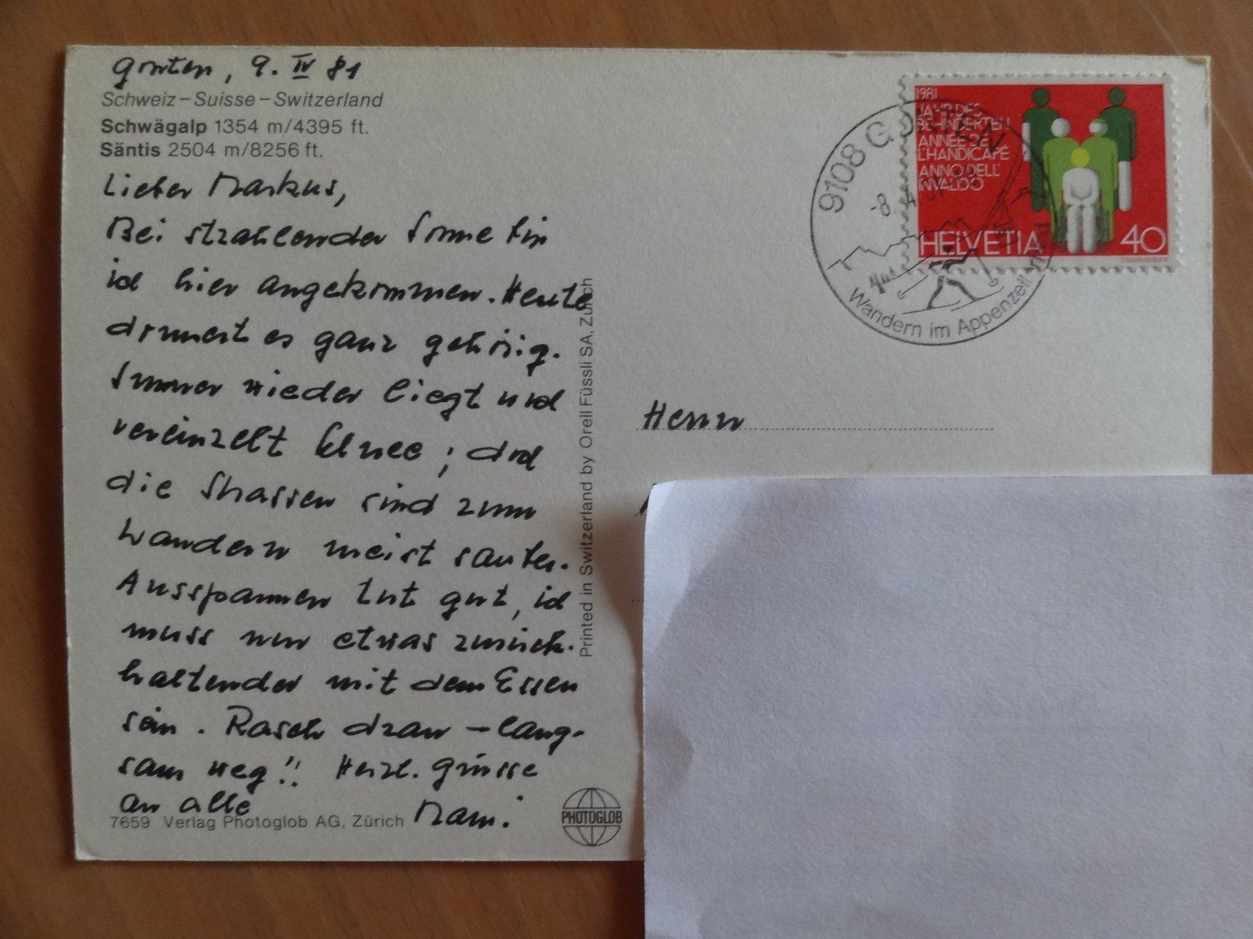 Cartoline postali: Schwägalp - Säntis - 1981 – Usato da St Léonard venduto da Riglin 1
